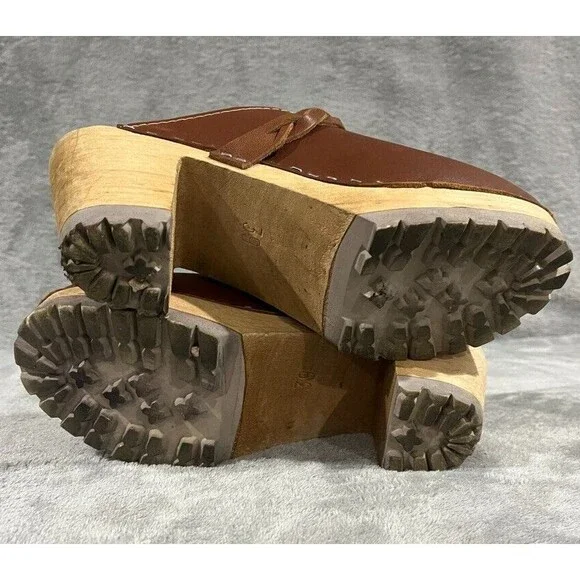 MIA Elsa Clogs 8.5 / 39 Brown Leather Braid Platform Made In Sweden Tan Chunky - Picture 6 of 11